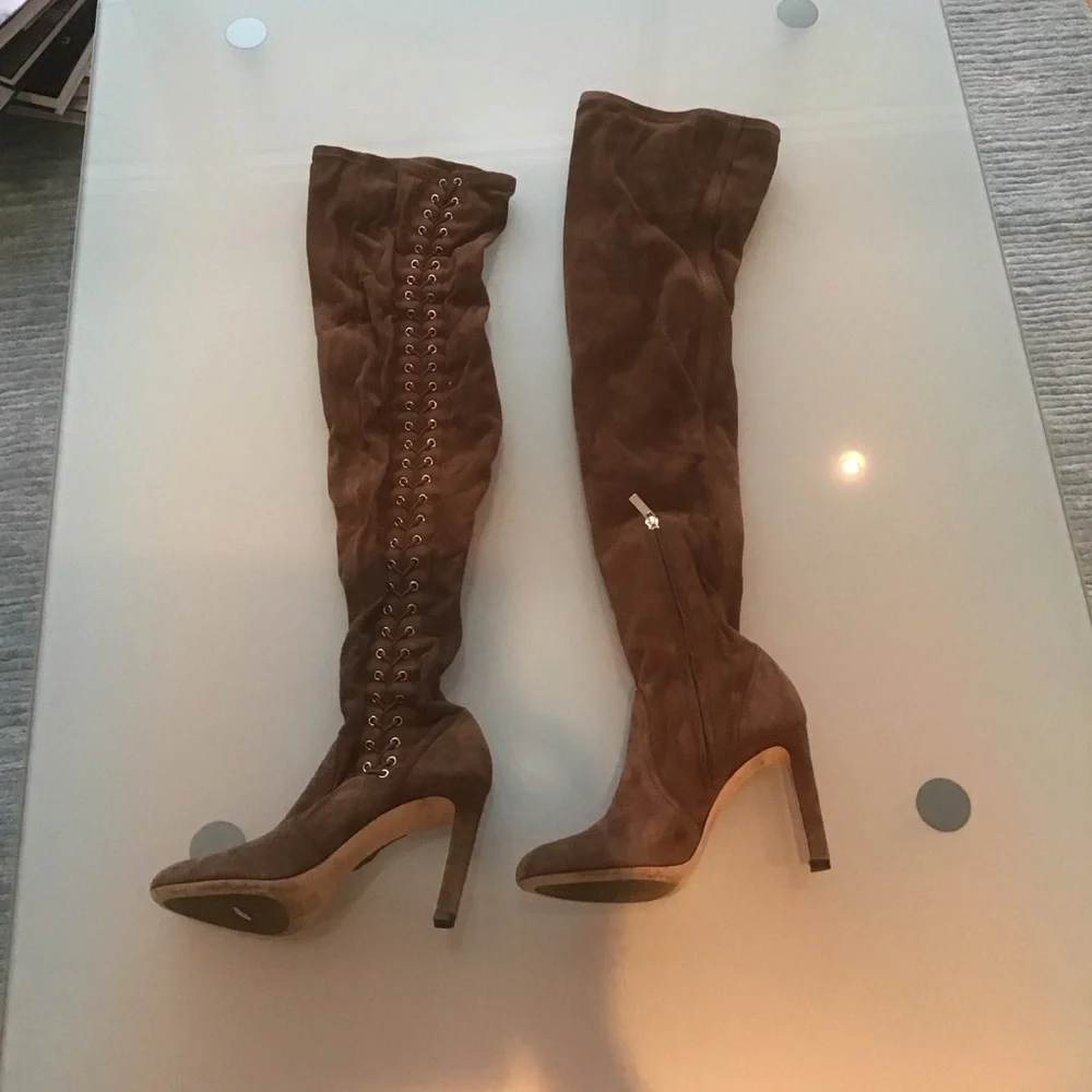 Jimmy Choo Marie 100 Brown Suede Leather‎ Lace Up Over The Knee OTK Boots 37.5 7